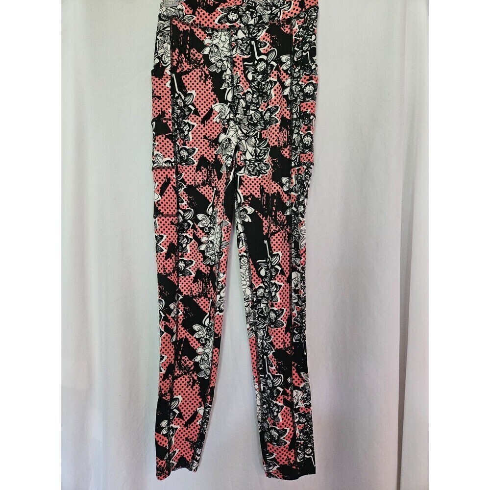 POP Fit Floral Leggings Women's XL Pink Black‎ White Pockets Yoga Workout